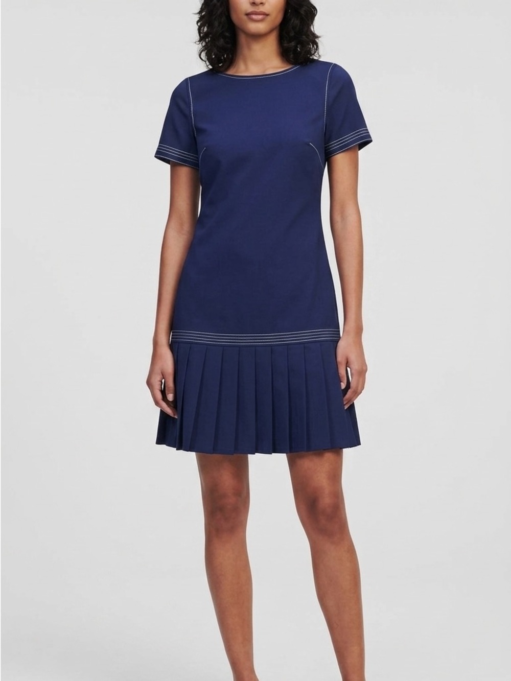 Karl Lagerfeld Navy Short-Sleeve Pleated Hem Dress